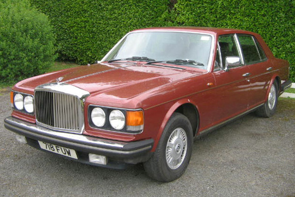 Brown Bentley Mulsane in front of a privet hedge